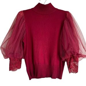 Gracia Sheer Puff Sleeves Crew Neck Viscose Burgundy Knit Sweater, Size Large